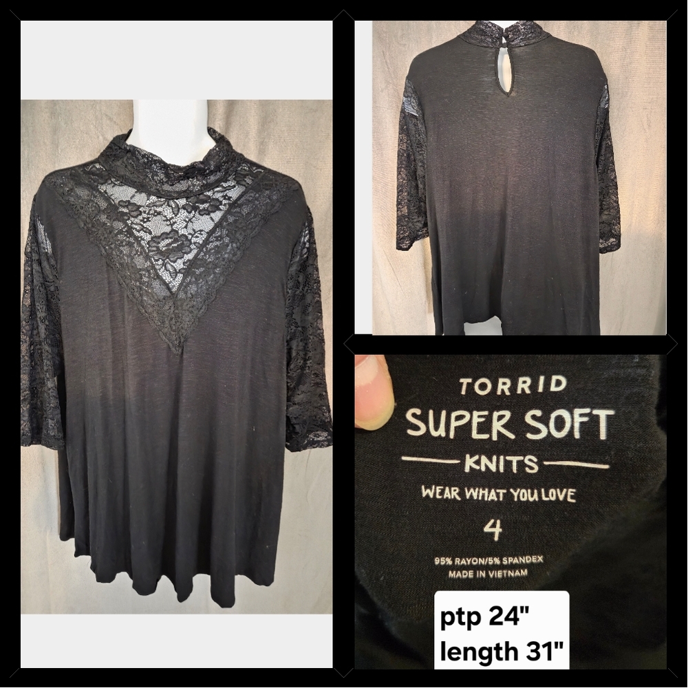 Torrid Size 4x Black Lace 3/4 Sleeve Top